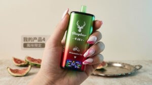 A hand holds a Stagbar ~ 4 in 1 ~ vape device with a screen display