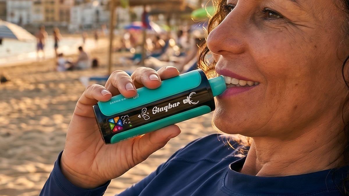A smiling woman on a sunlit beach bringing a StagBar 6in1 vaporizer device