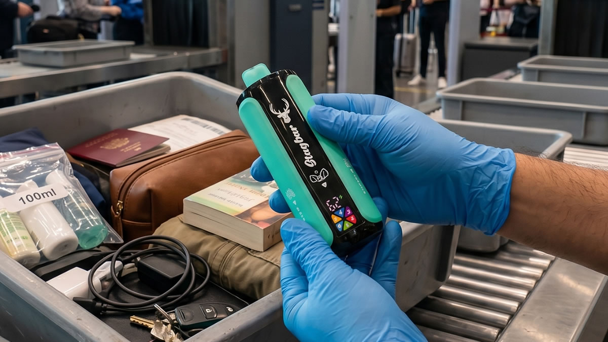 An airport security officer wearing blue gloves holds and inspects a Stagbar vape device over a plastic tray filled with travel items at a security checkpoint.