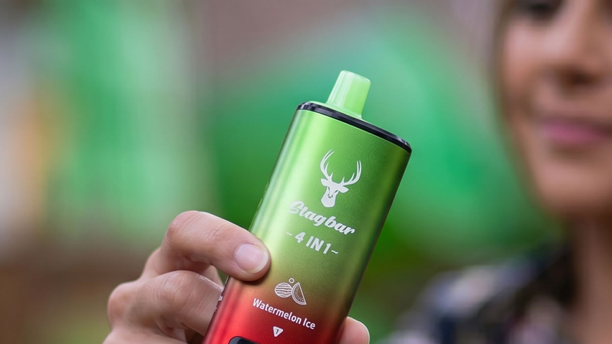 a woman's hand holding the "Stagbar 4 IN 1" vape device in the foreground